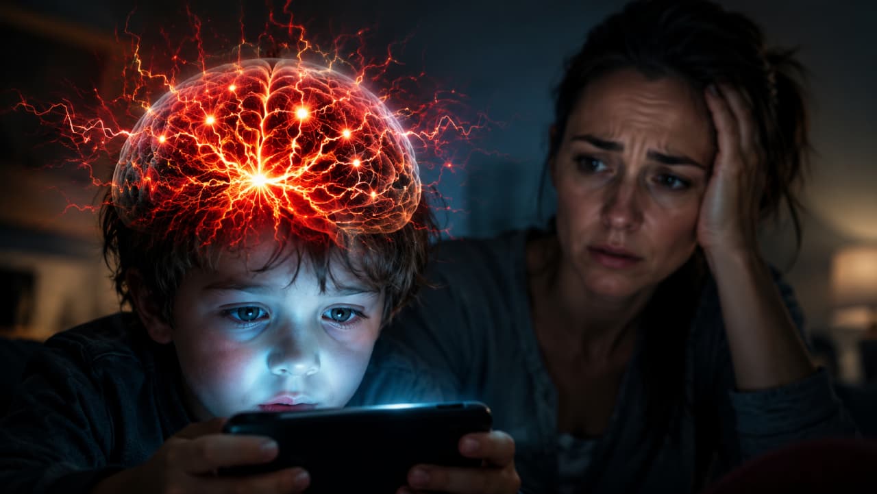 A worried mother watching her child absorbed by a glowing screen